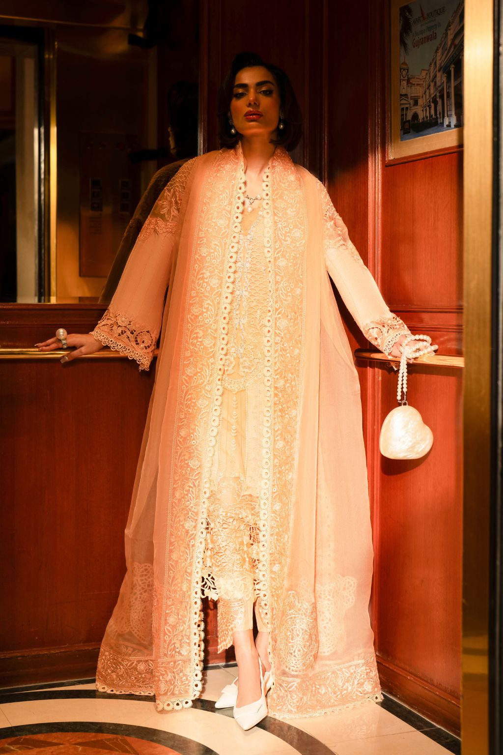 Peach Cutwork Embroidered Organza Salwar Kameez (3-Piece) - Image 1