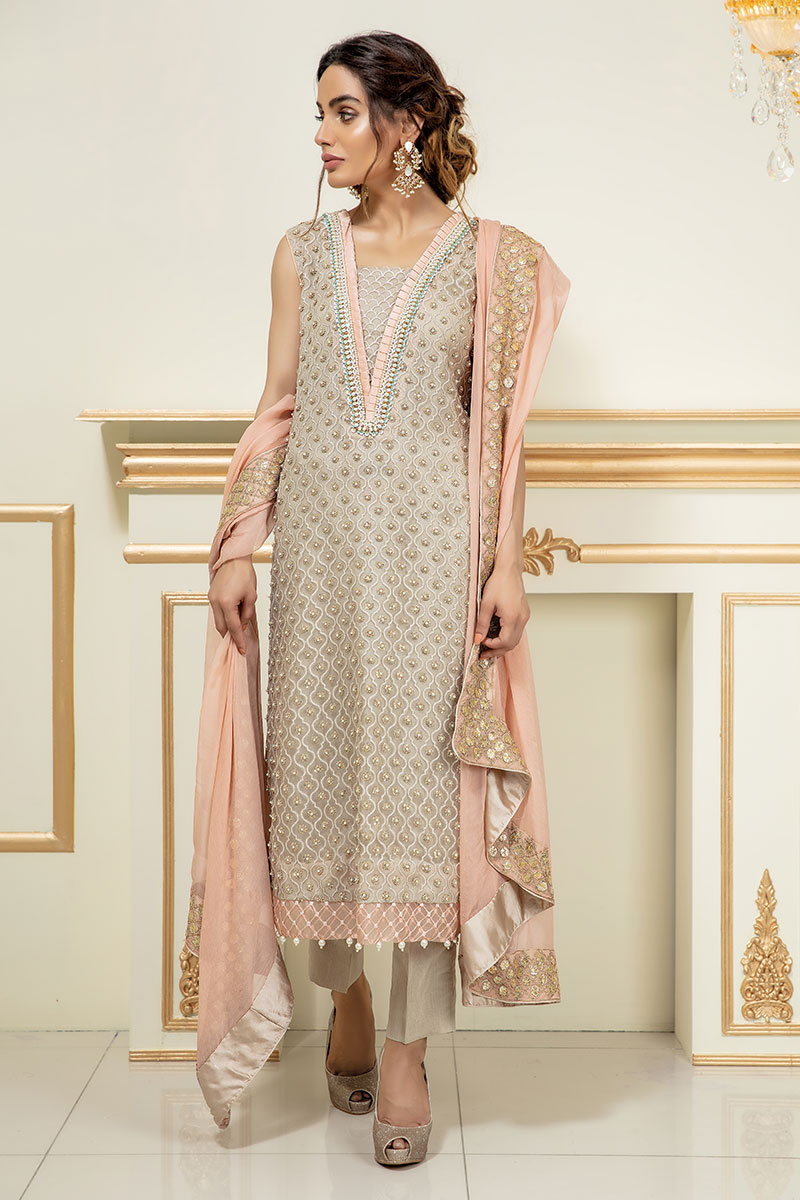 Pakistani Light Blush Dabka & Pearl Organza Salwar Kameez (3-Piece) - Image 1