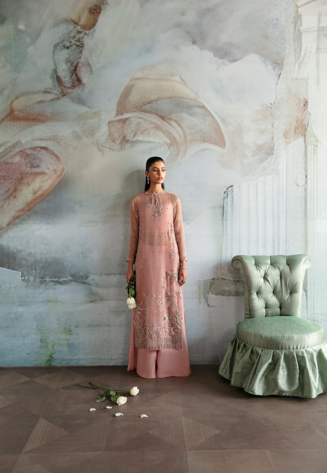 Pakistani Rosewood Pink Embellished Organza Salwar Kameez (2-Piece) - Image 1