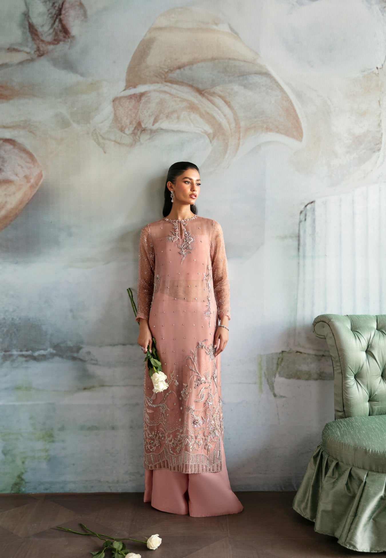 Pakistani Rosewood Pink Embellished Organza Salwar Kameez (2-Piece) - Image 2