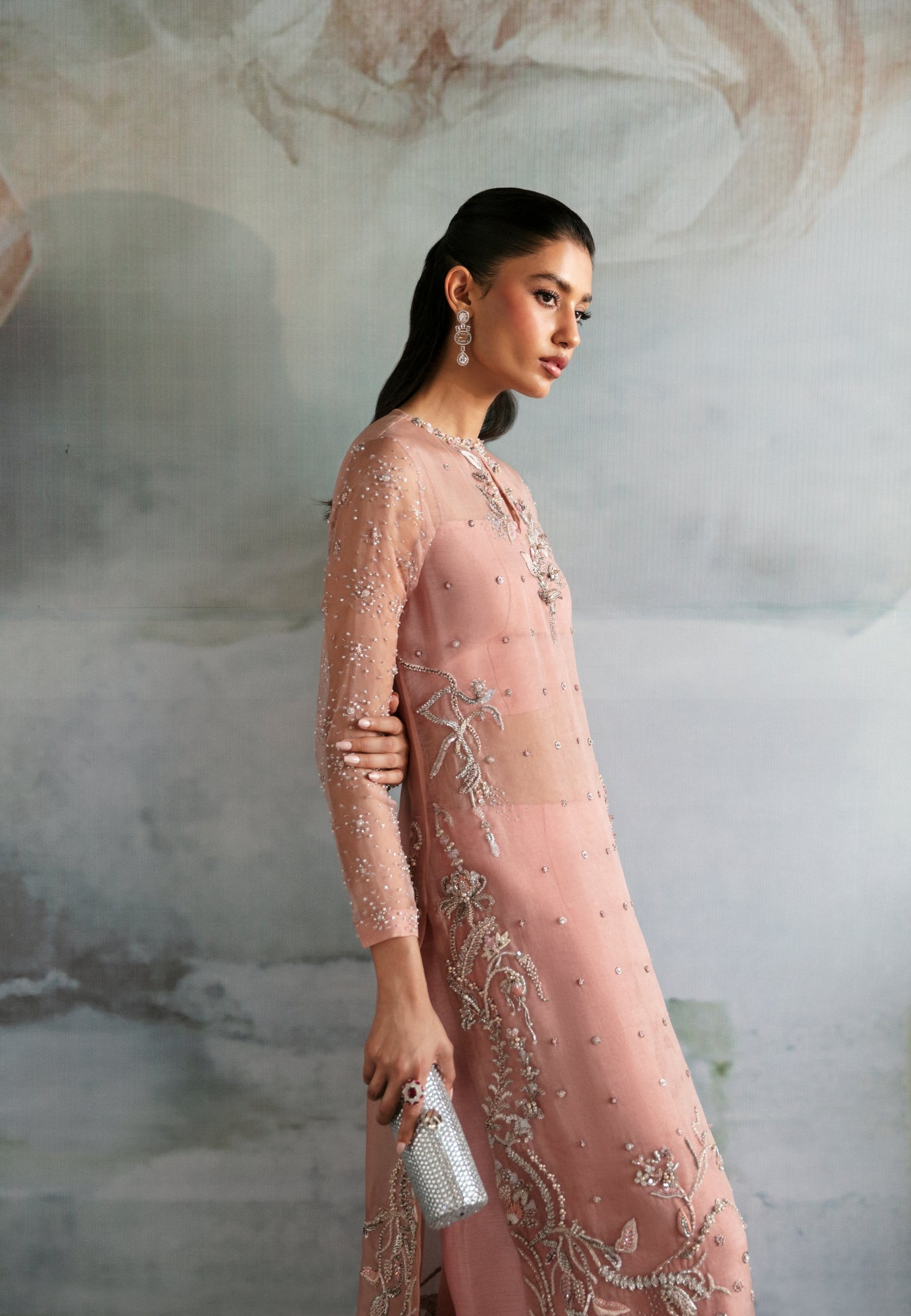 Pakistani Rosewood Pink Embellished Organza Salwar Kameez (2-Piece) - Image 4