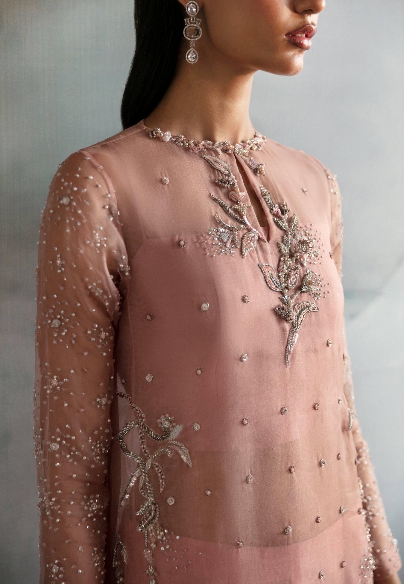 Pakistani Rosewood Pink Embellished Organza Salwar Kameez (2-Piece) - Image 6