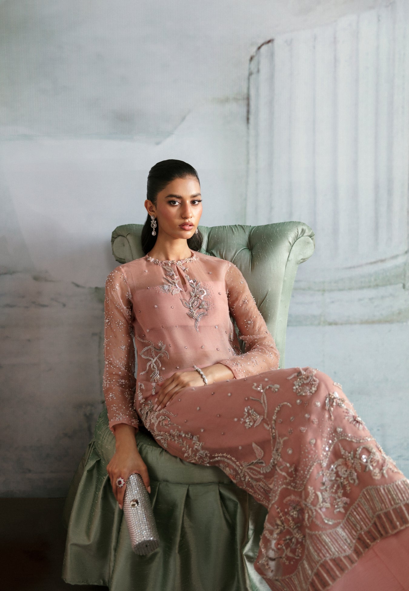 Pakistani Rosewood Pink Embellished Organza Salwar Kameez (2-Piece) - Image 7