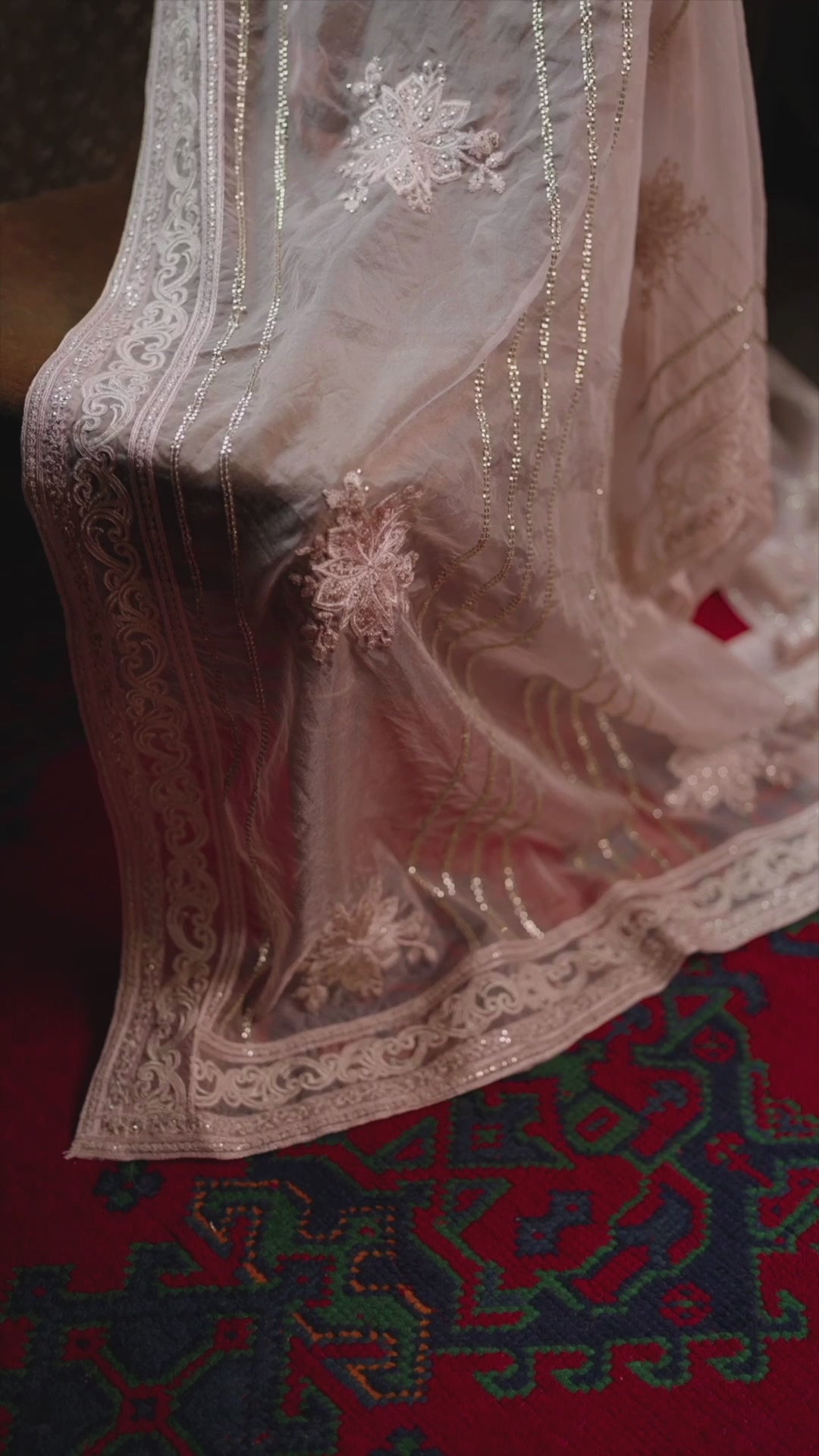 Pakistani Baby Pink Embroidered Organza Salwar Kameez (3-Piece) - Image 11