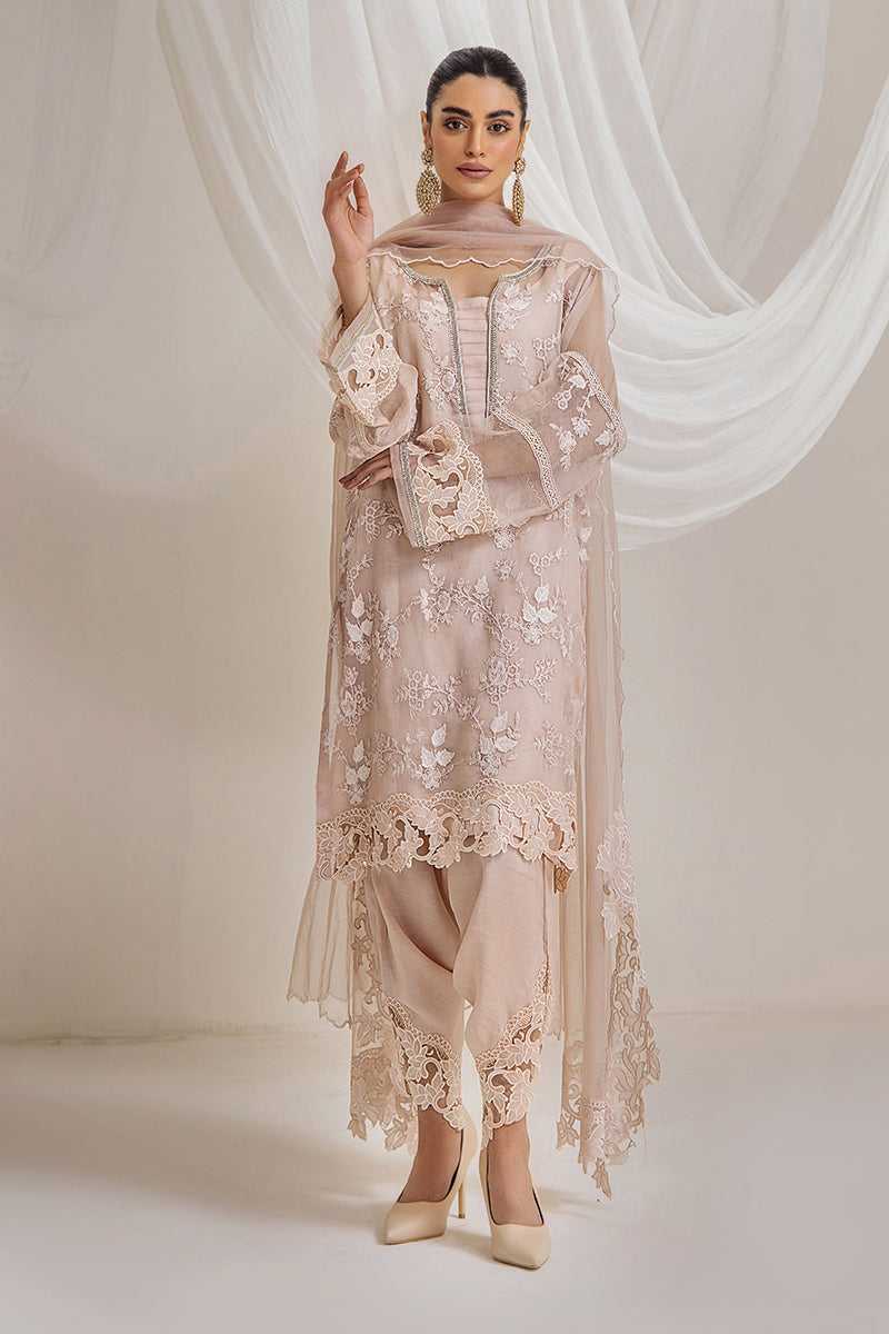 Dusty Rose Self-Embroidered Organza Salwar Kameez (3-Piece) - Image 1