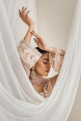 Dusty Rose Self-Embroidered Organza Salwar Kameez (3-Piece) - Image 4