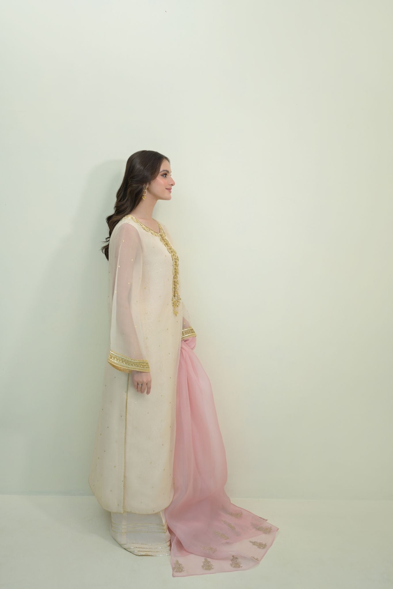 Pastel Pink Gold Handworked Organza Salwar Kameez (3-Piece) - Image 2