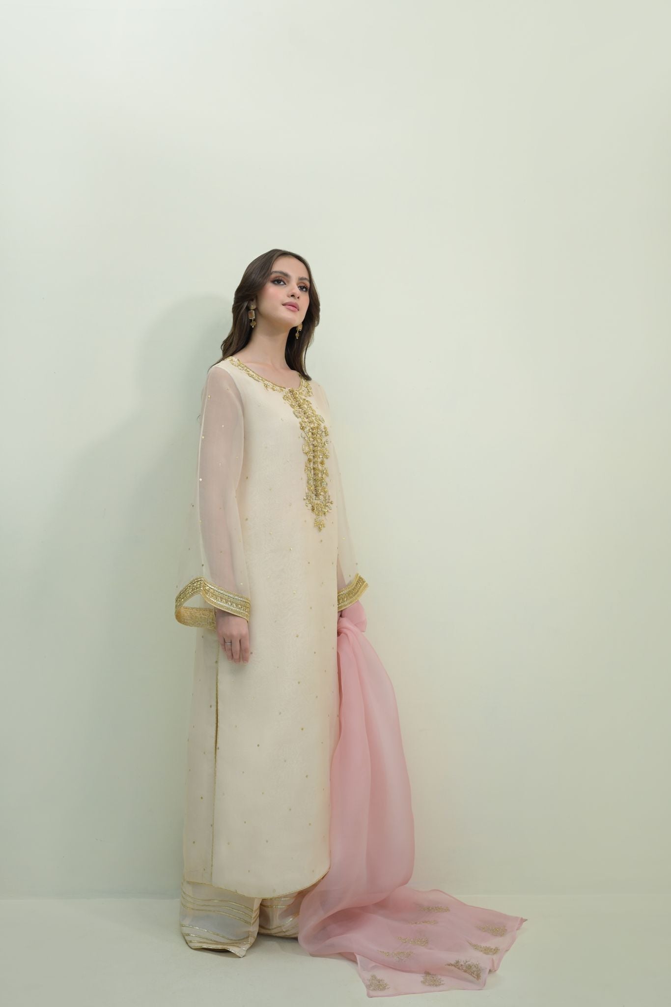 Pastel Pink Gold Handworked Organza Salwar Kameez (3-Piece) - Image 3