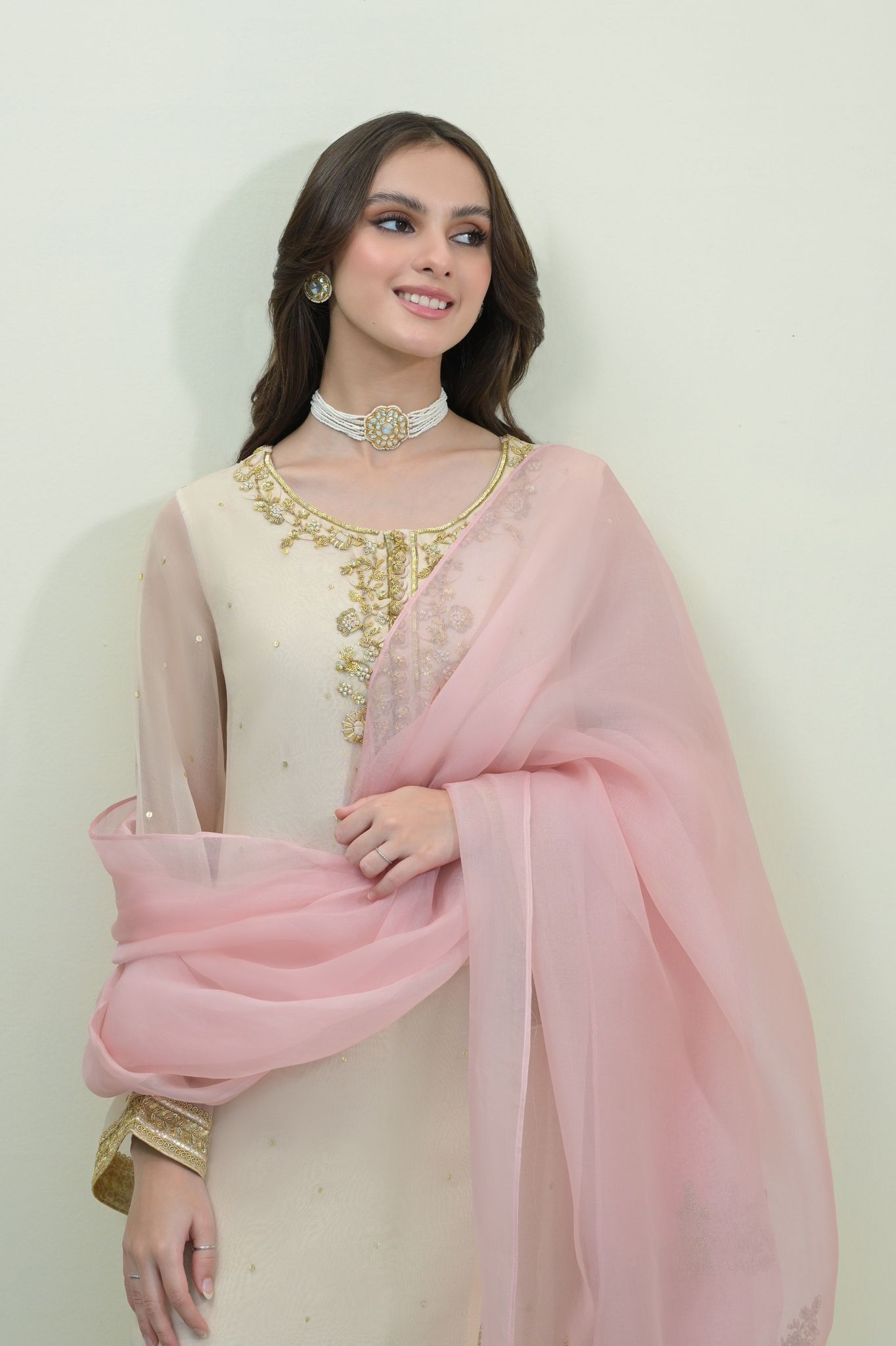 Pastel Pink Gold Handworked Organza Salwar Kameez (3-Piece) - Image 4