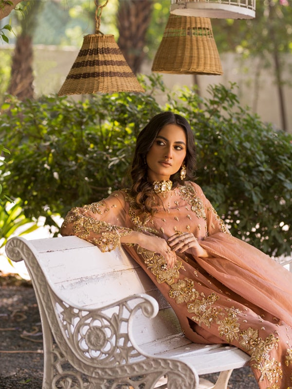 Pakistani Peach Embroidered Organza Salwar Kameez (3-Piece) - Image 2