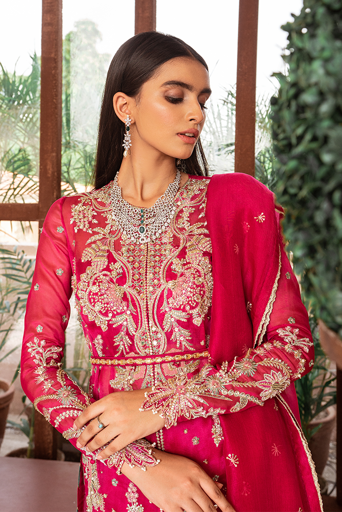 Pakistani Fuchsia Embroidered Organza Jacket Set (3-Piece) - Image 2