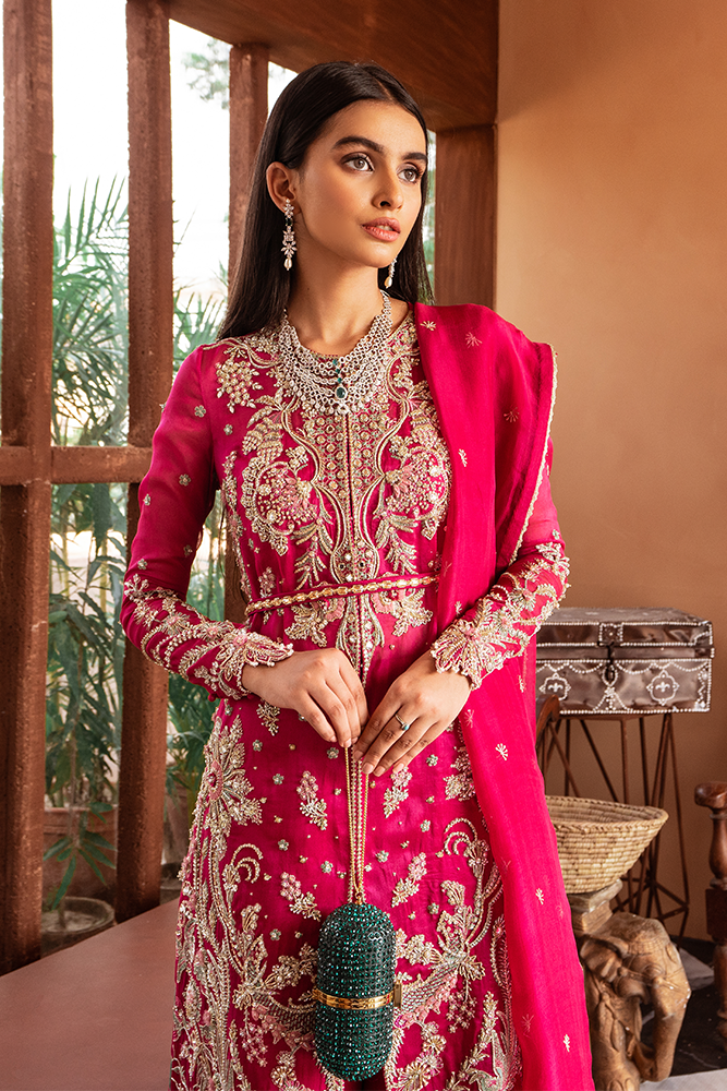 Pakistani Fuchsia Embroidered Organza Jacket Set (3-Piece) - Image 3