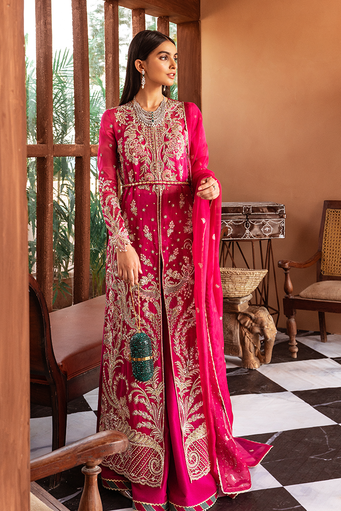 Pakistani Fuchsia Embroidered Organza Jacket Set (3-Piece) - Image 4