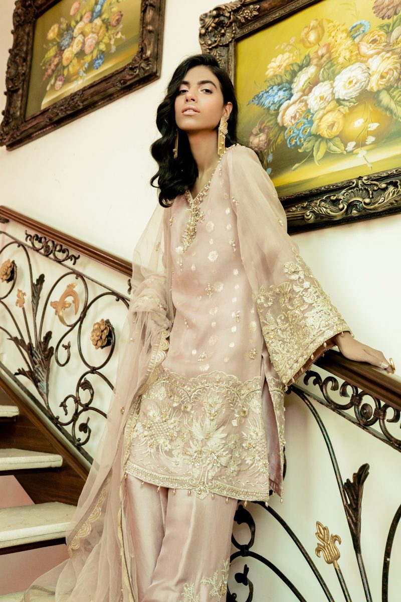 Blush Pink Hand-Embellished Organza Salwar Kameez (3-Piece) - Image 1