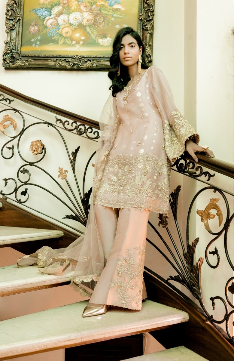 Blush Pink Hand-Embellished Organza Salwar Kameez (3-Piece) - Image 2