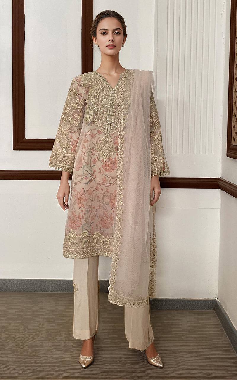 Pakistani Blush Golden Embroidered Organza Salwar Kameez (3-Piece) - Image 1
