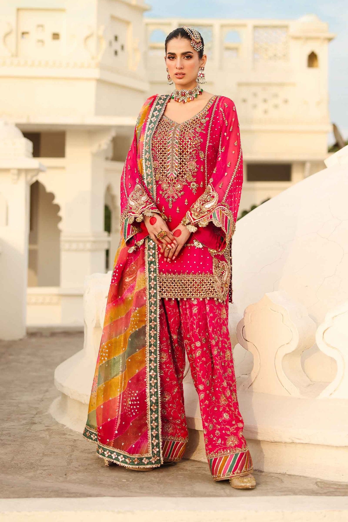Pakistani Hot Pink Embroidered Organza & Silk Salwar Kameez (3-Piece) - Image 1