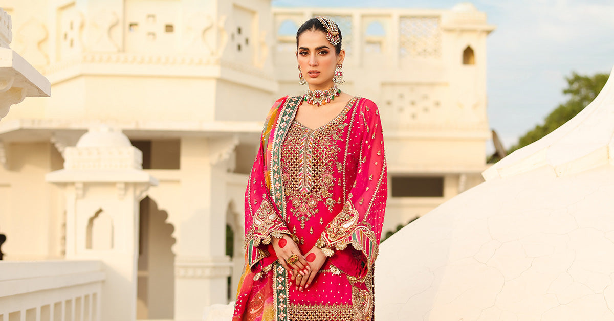 Pakistani Hot Pink Embroidered Organza & Silk Salwar Kameez (3-Piece) - Image 10