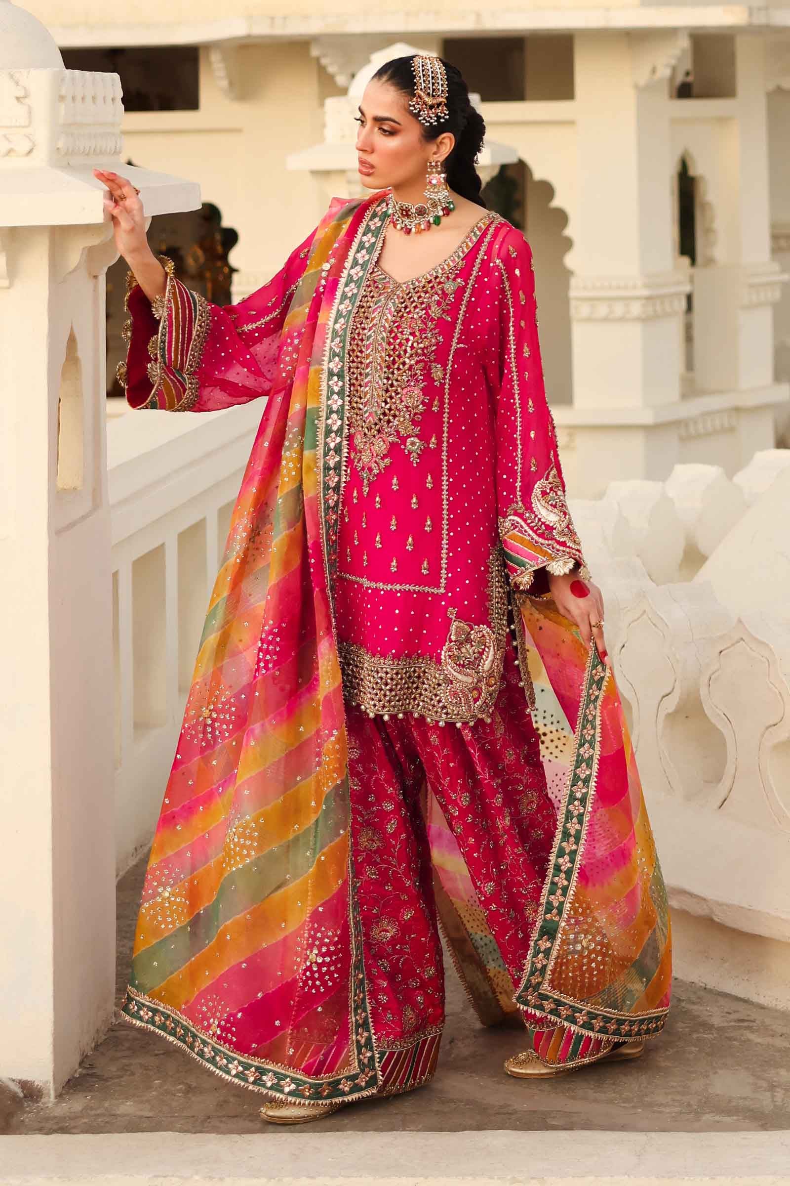 Pakistani Hot Pink Embroidered Organza & Silk Salwar Kameez (3-Piece) - Image 3