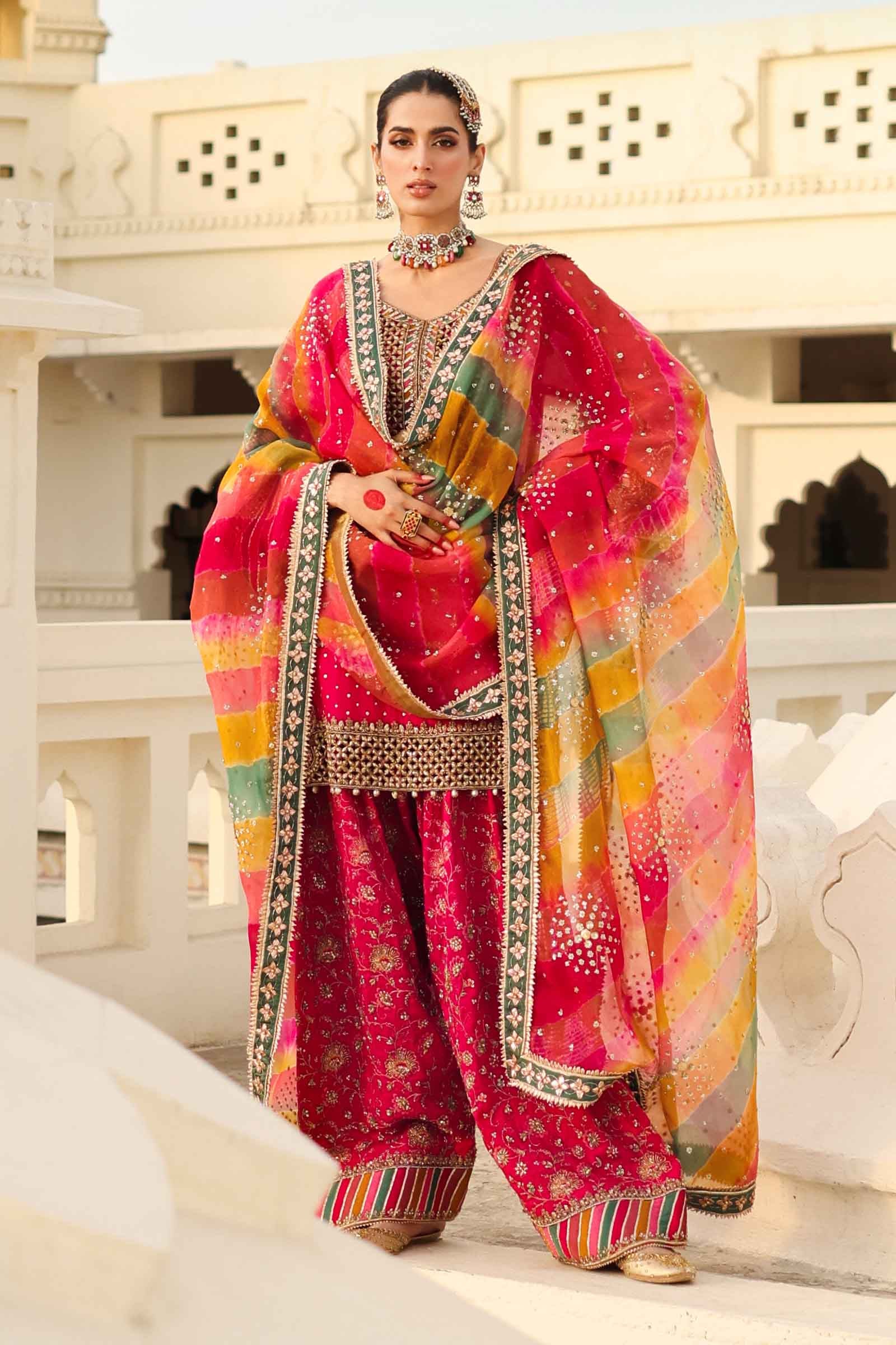 Pakistani Hot Pink Embroidered Organza & Silk Salwar Kameez (3-Piece) - Image 6