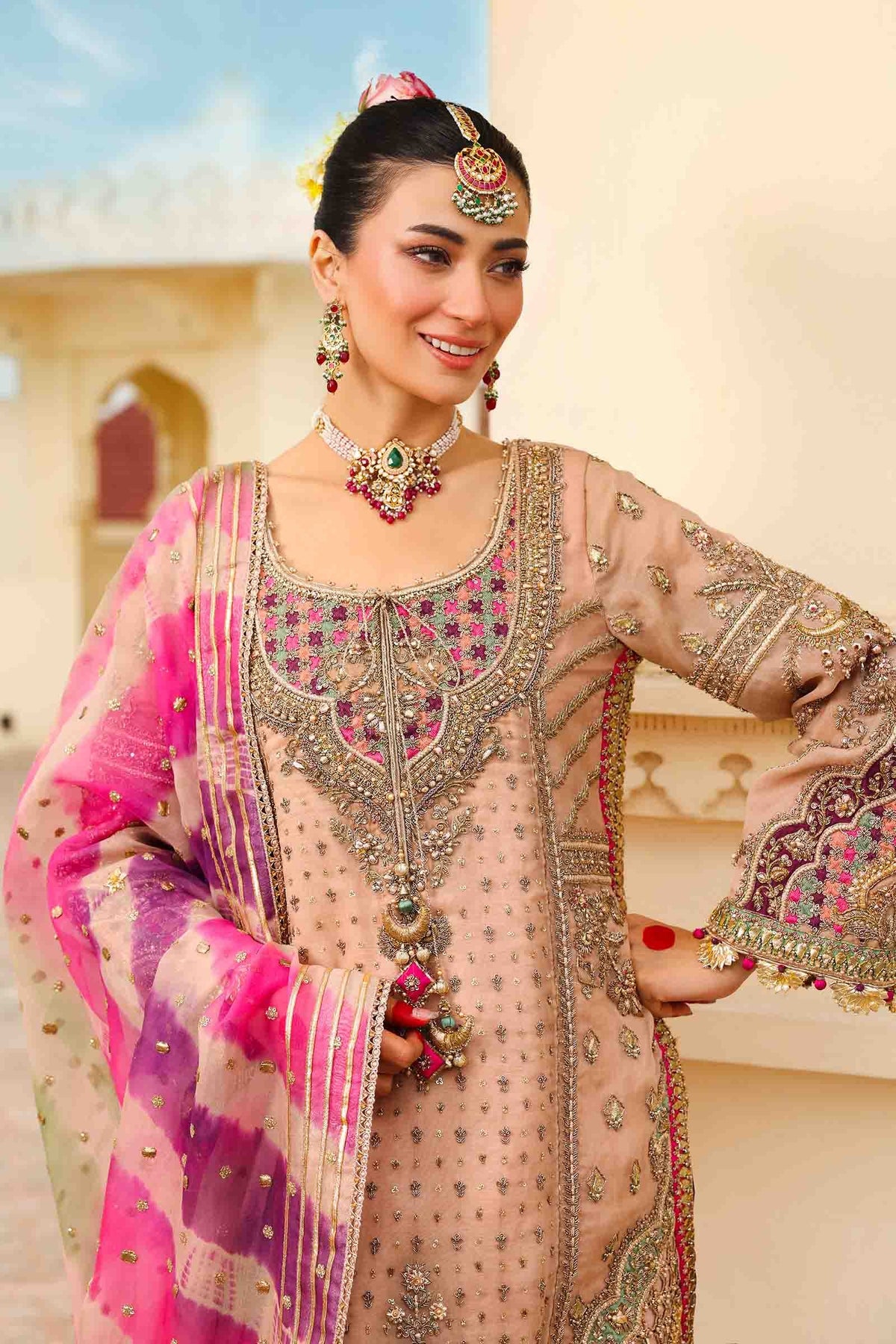 Pakistani Peachy Pink Gota Chatta Patti Organza Shalwar Kameez (3-Piece) - Image 2