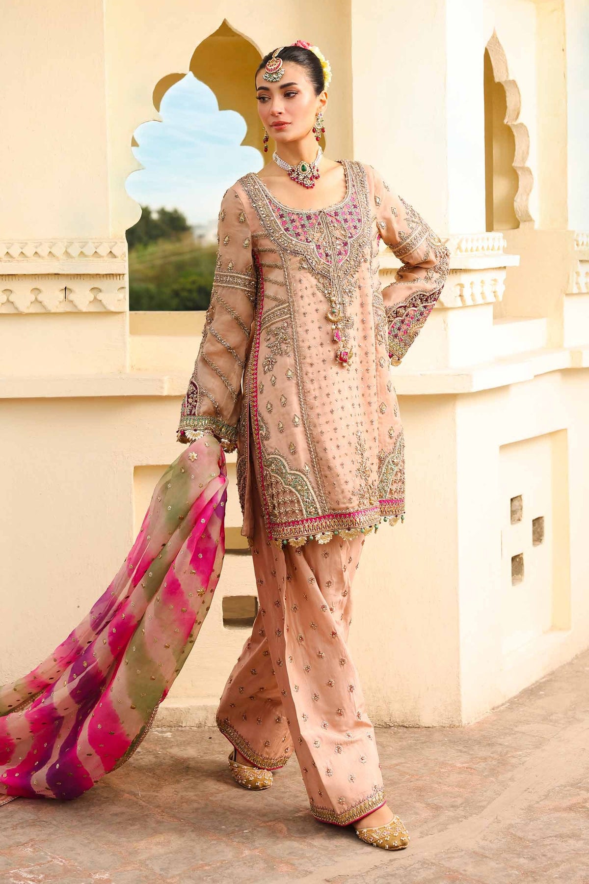 Pakistani Peachy Pink Gota Chatta Patti Organza Shalwar Kameez (3-Piece) - Image 3