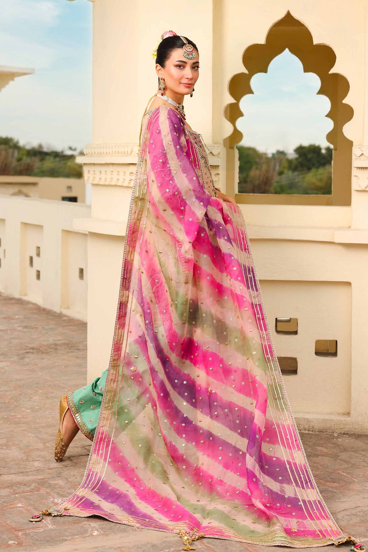 Pakistani Peachy Pink Gota Chatta Patti Organza Shalwar Kameez (3-Piece) - Image 9