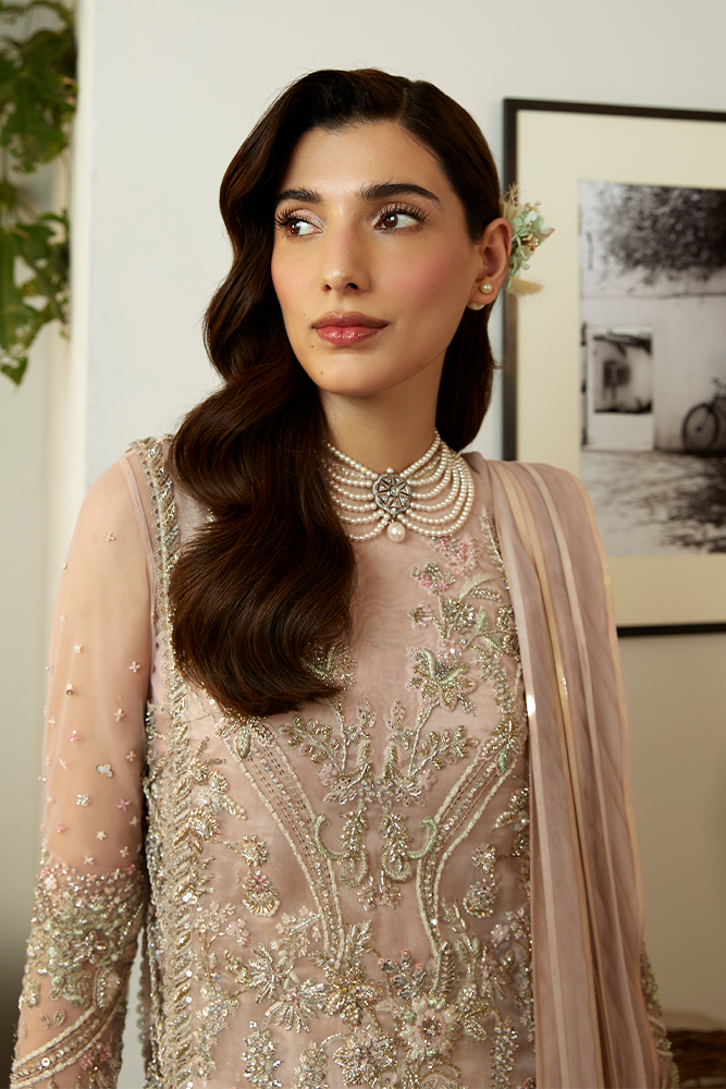 Pakistani Blush Pink Hand-Embroidered Organza Salwar Kameez (3-Piece) - Image 5