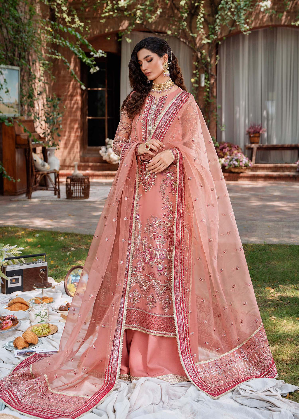Pakistani Peach Hand-Embellished Organza Salwar Kameez (3-Piece) - Image 1