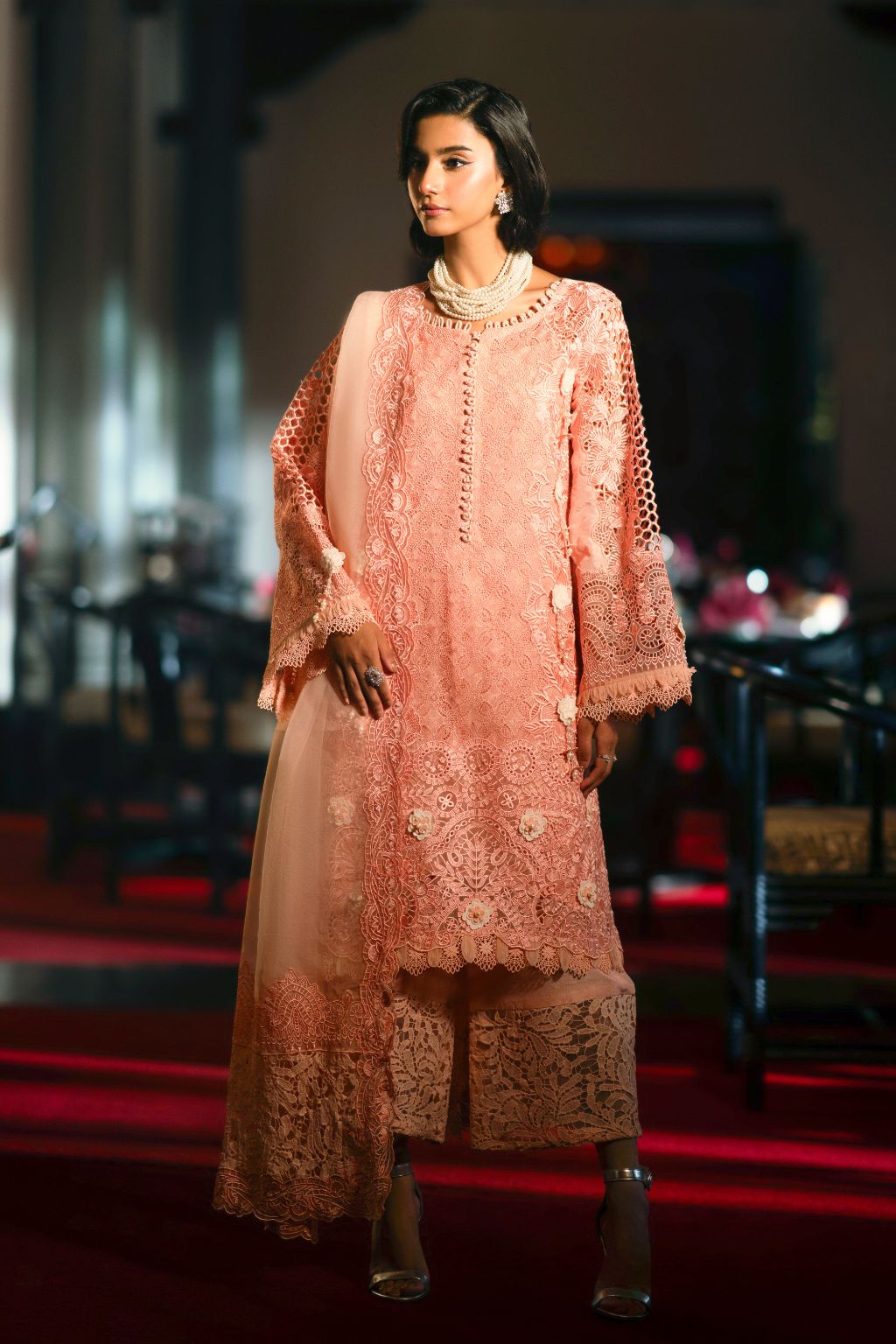 Pakistani Pink Lace Cutwork Organza Salwar Kameez (3-Piece) - Image 1