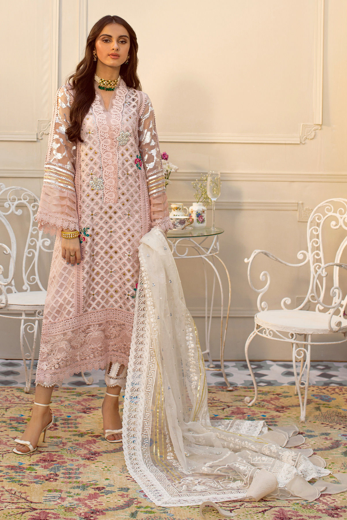 Pakistani Pastel Pink Embroidered Organza Salwar Kameez (3-Piece) - Image 1