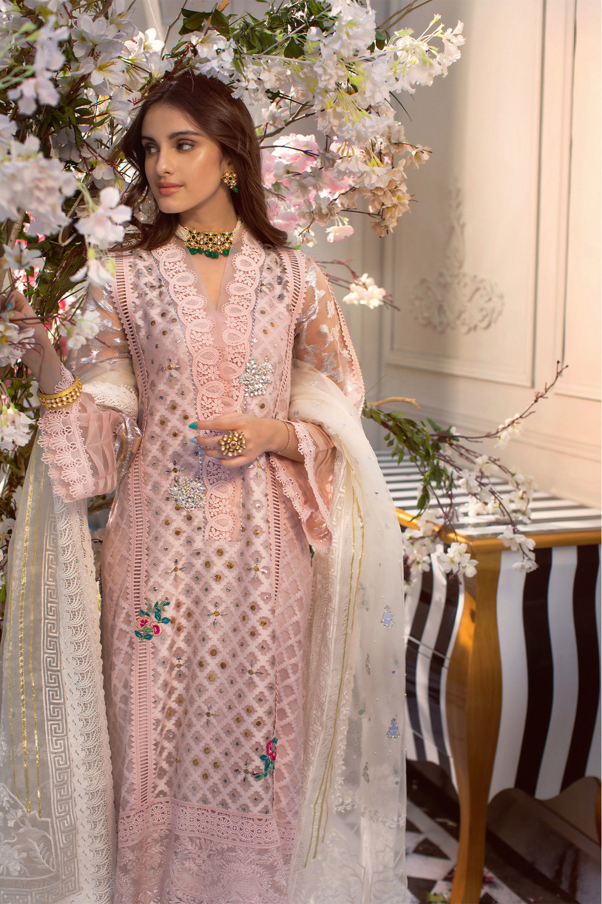 Pakistani Pastel Pink Embroidered Organza Salwar Kameez (3-Piece) - Image 4