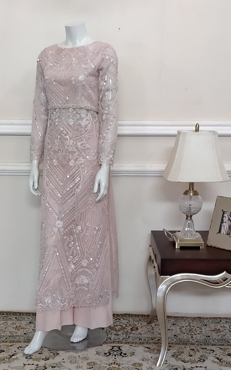 Pakistani Pastel Pink Mirror Work Organza Long Shirt (2-Piece) - Image 1