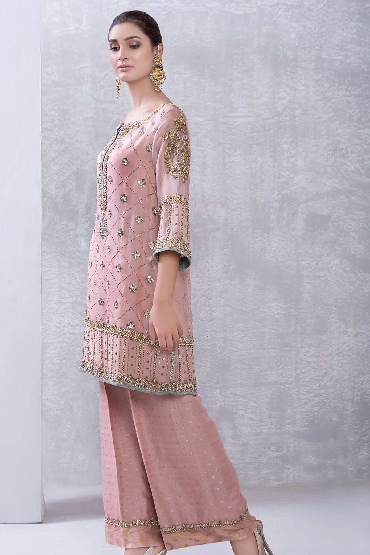 Pakistani Dusty Rose Mukesh & Gota Organza Salwar Kameez (2-Piece) - Image 1