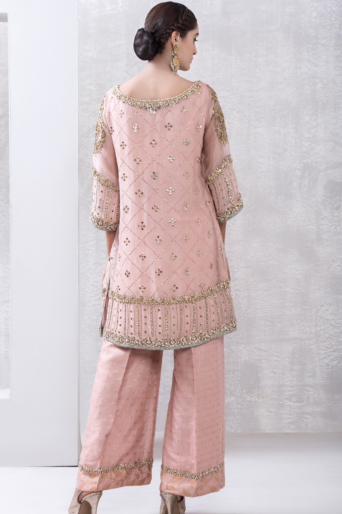 Pakistani Dusty Rose Mukesh & Gota Organza Salwar Kameez (2-Piece) - Image 2
