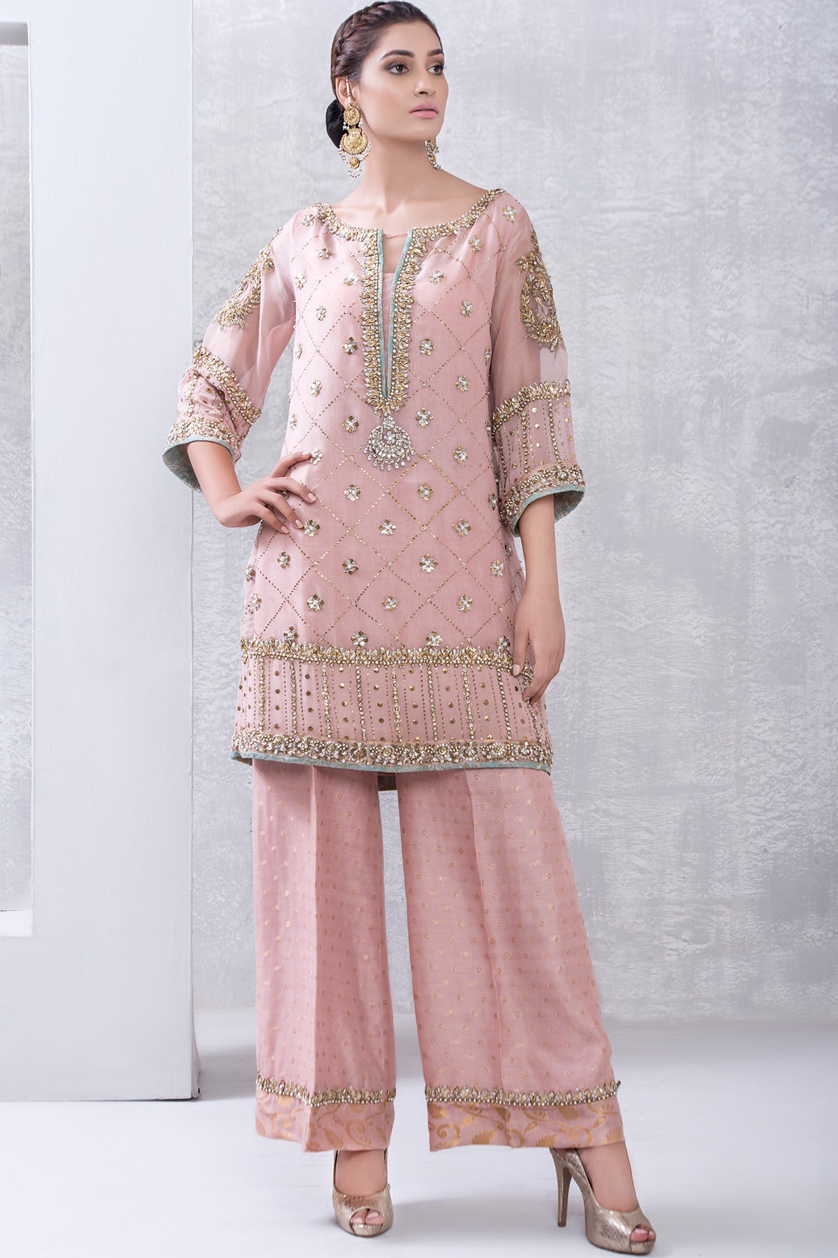 Pakistani Dusty Rose Mukesh & Gota Organza Salwar Kameez (2-Piece) - Image 3