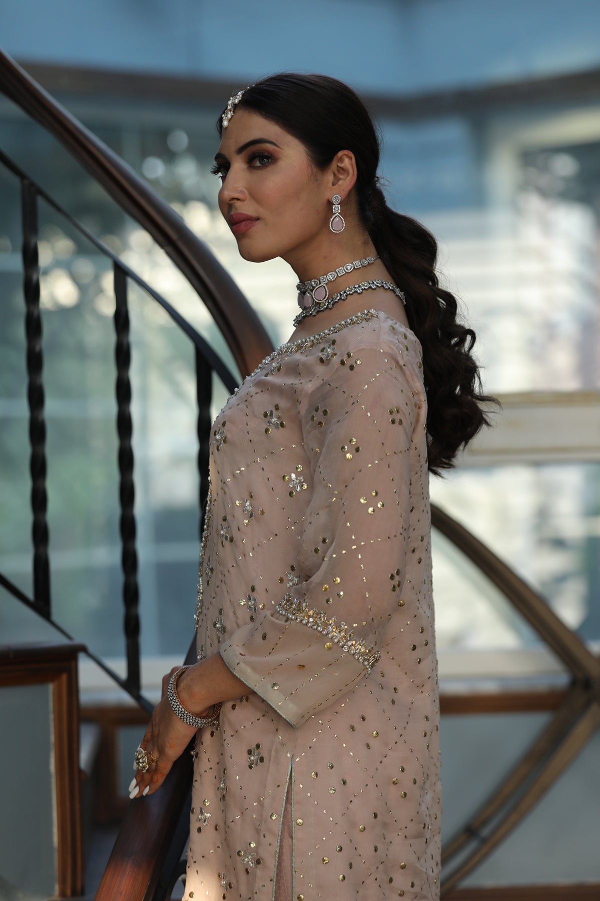 Pakistani Powder Pink Mukesh Organza Kurta Set (2-Piece) - Image 1