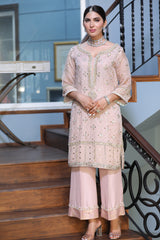Pakistani Powder Pink Mukesh Organza Kurta Set (2-Piece) - Image 3
