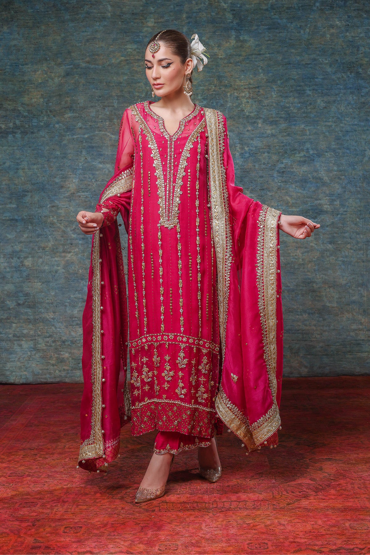 Pakistani Hot Pink Zardozi Organza Mukesh Kameez (3-Piece) - Image 1