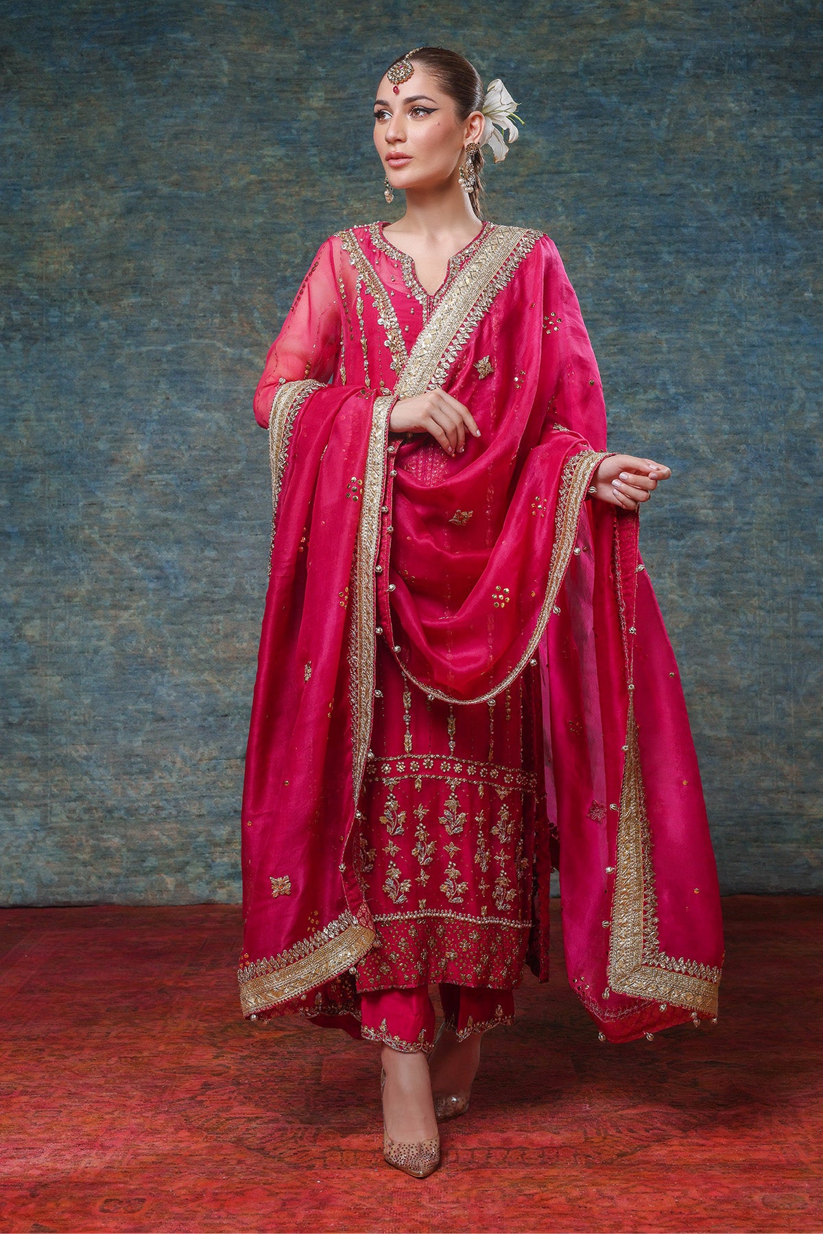 Pakistani Hot Pink Zardozi Organza Mukesh Kameez (3-Piece) - Image 2