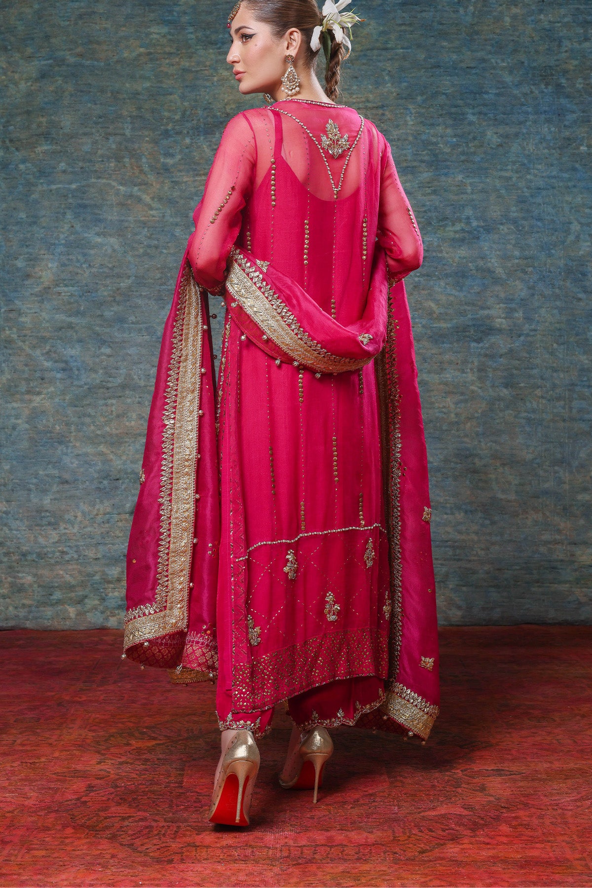 Pakistani Hot Pink Zardozi Organza Mukesh Kameez (3-Piece) - Image 3