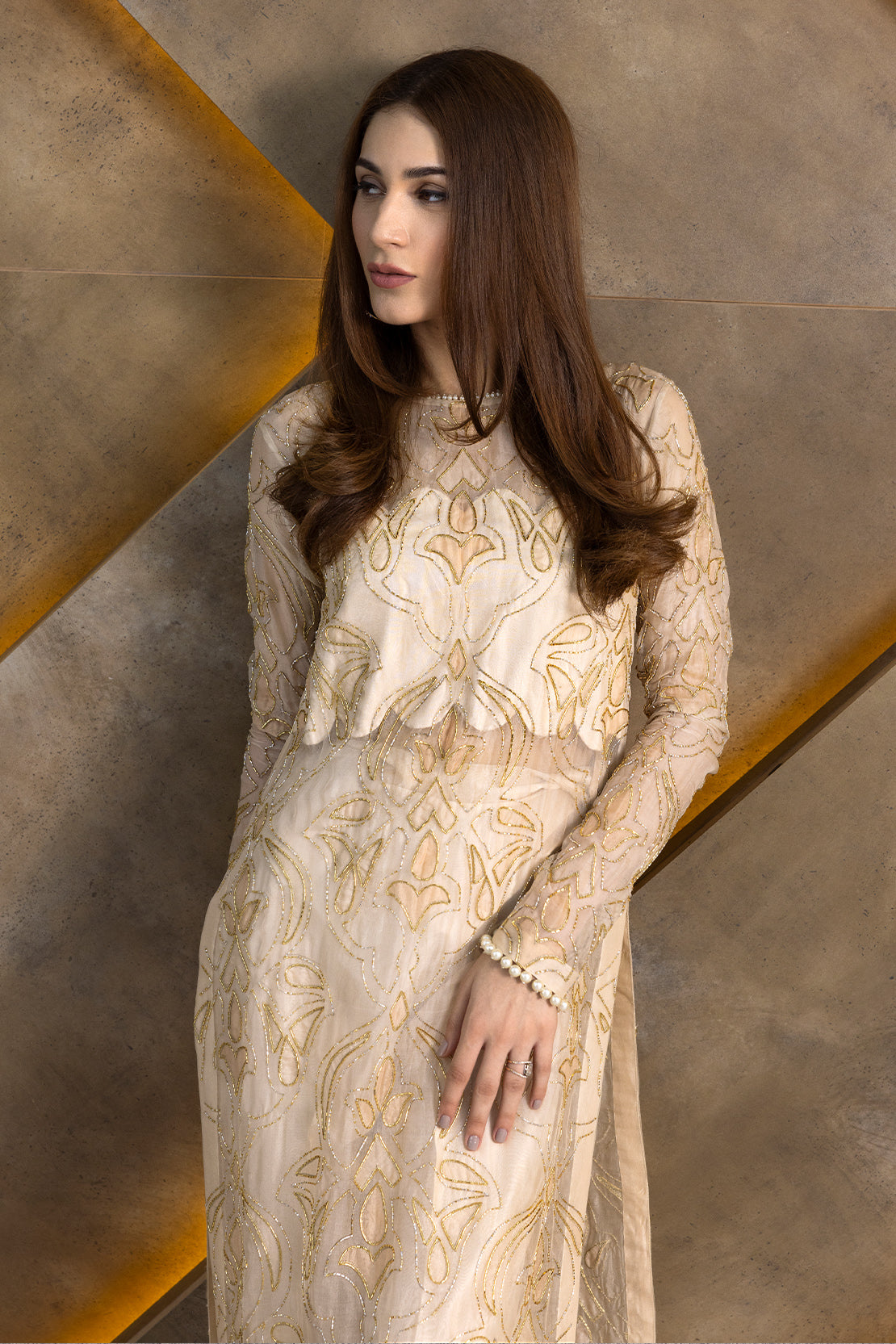 Pakistani Peach Embroidered Organza Salwar Kameez (3-Piece) - Image 3