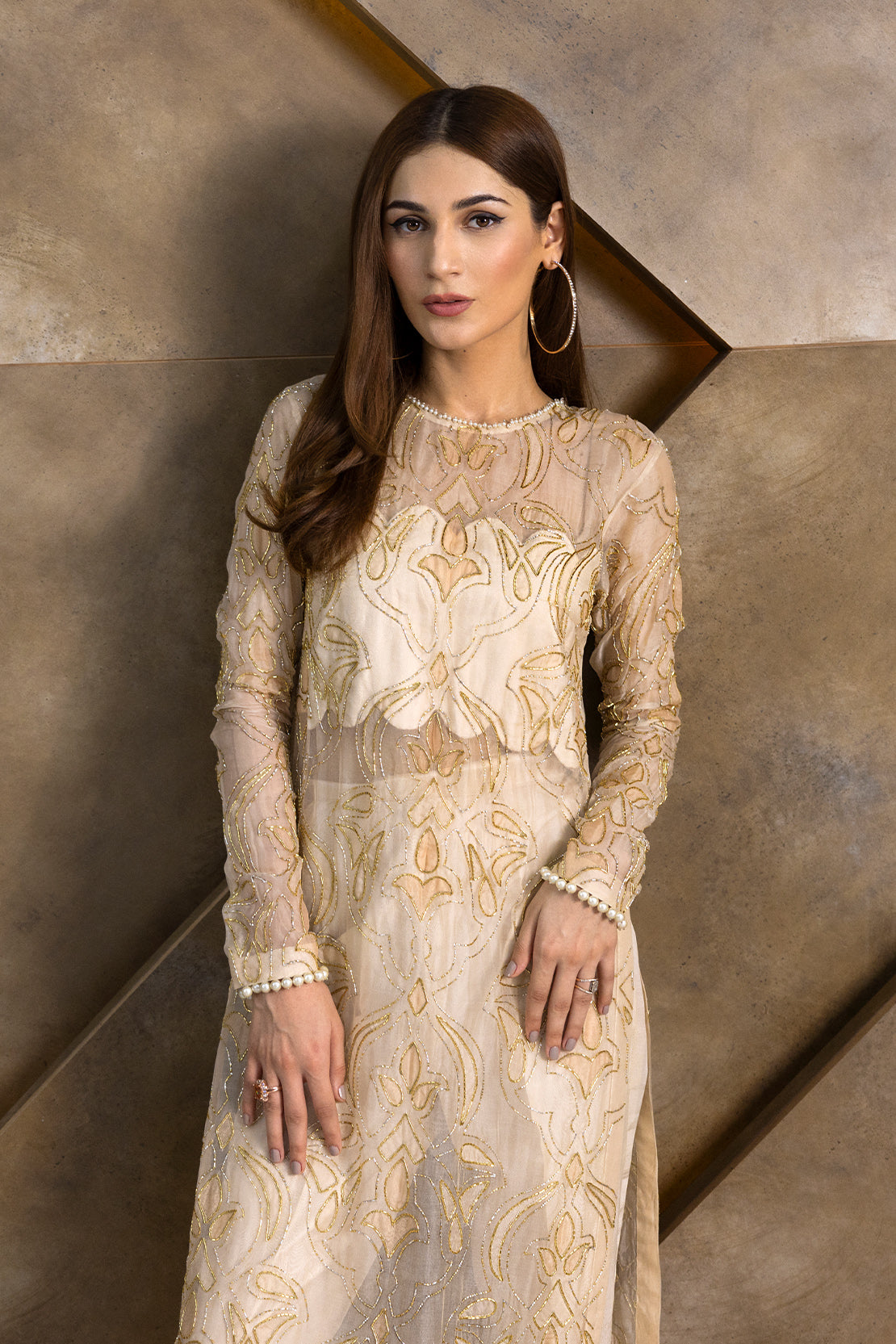 Pakistani Peach Embroidered Organza Salwar Kameez (3-Piece) - Image 4