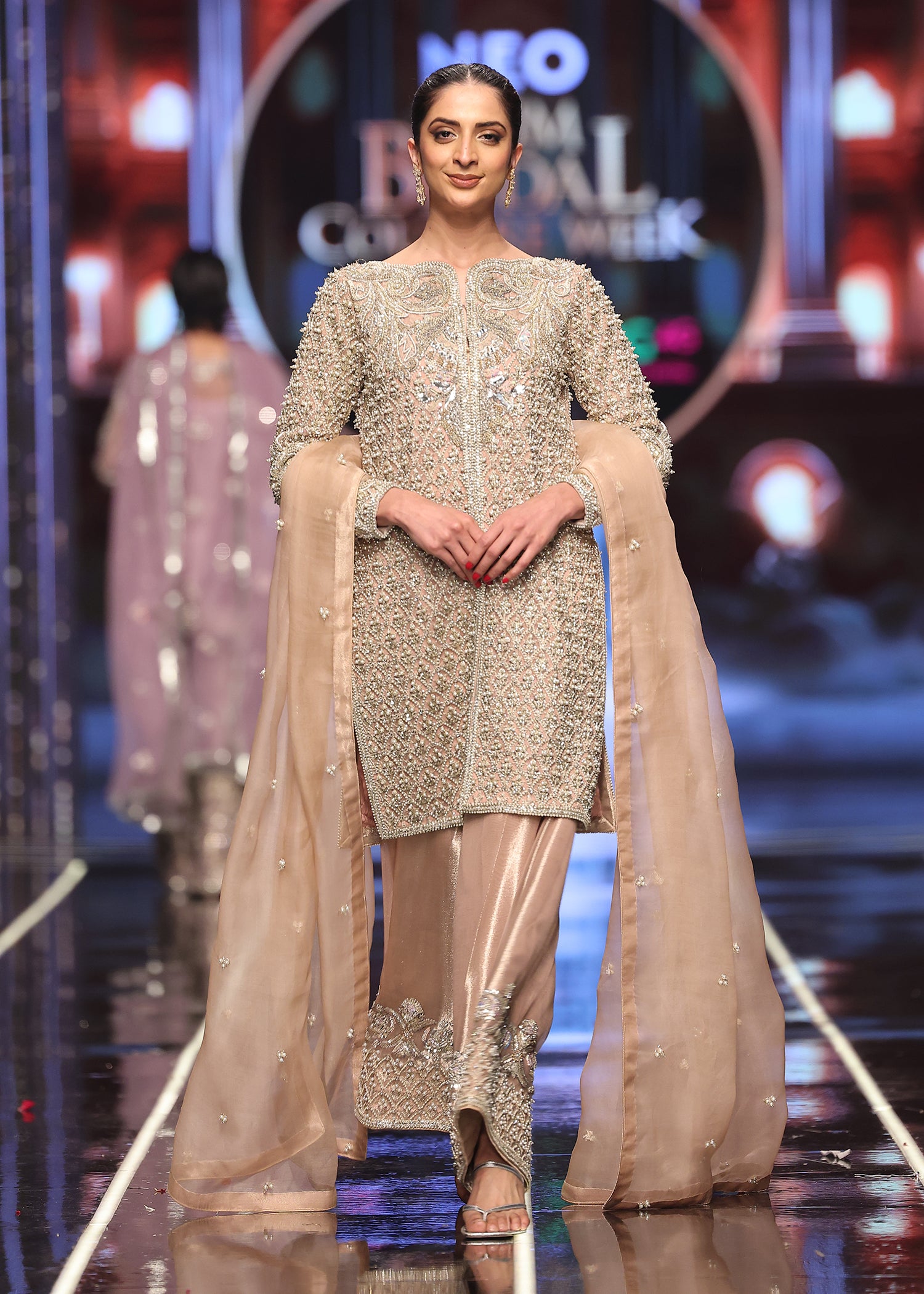 Pakistani Champagne Pink Embroidered Organza Jacket Set (3-Piece) - Image 1