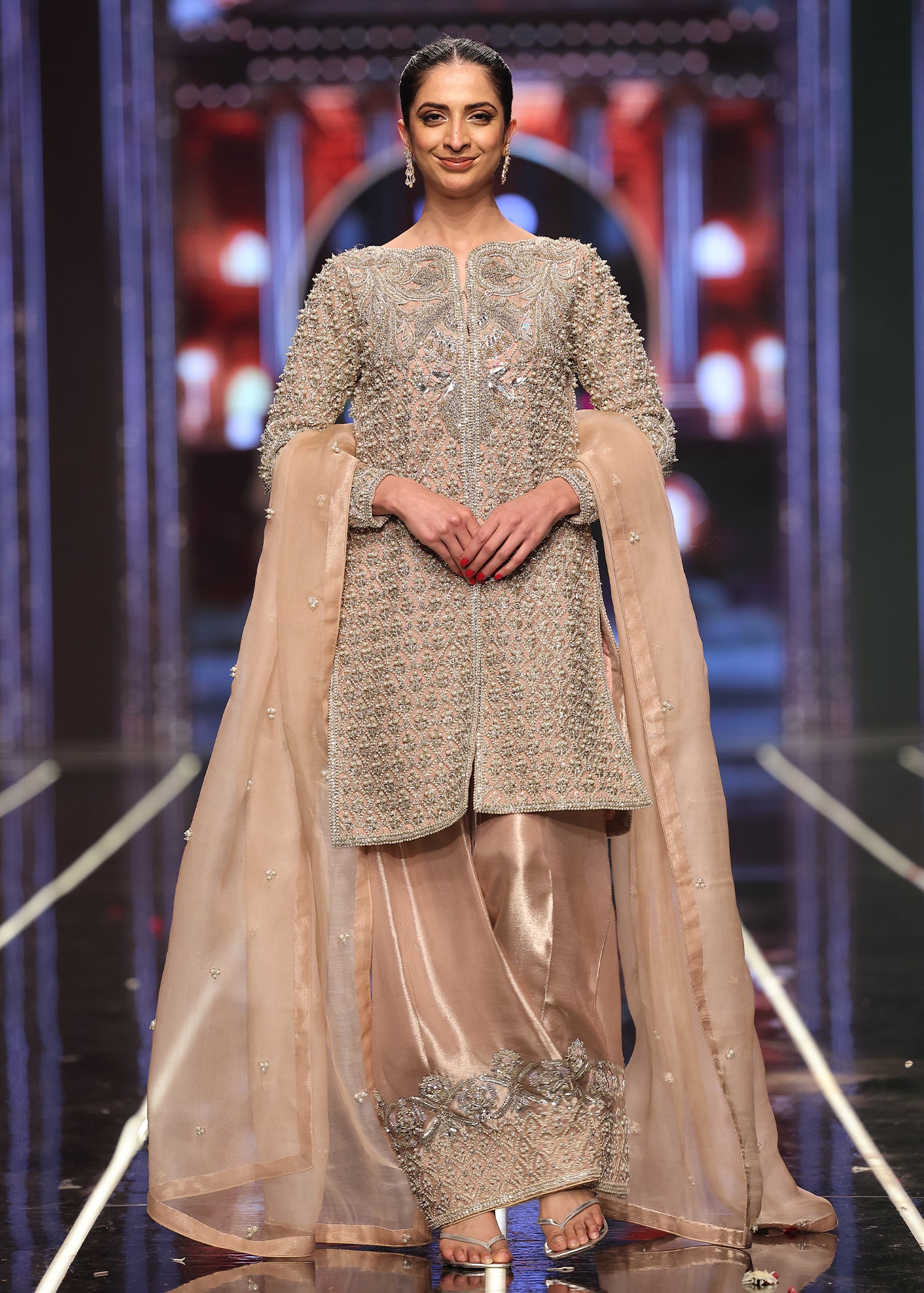 Pakistani Champagne Pink Embroidered Organza Jacket Set (3-Piece) - Image 2