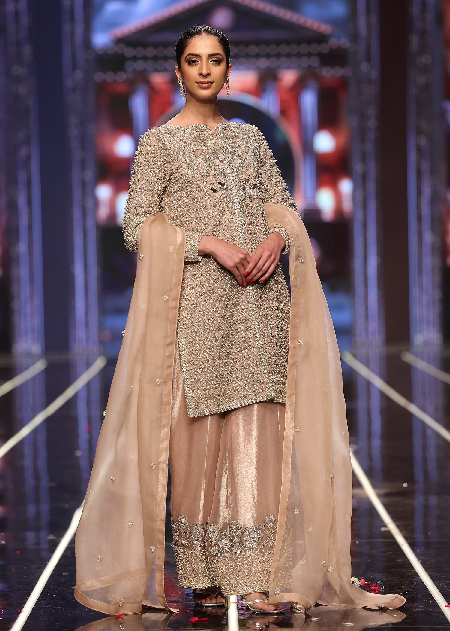 Pakistani Champagne Pink Embroidered Organza Jacket Set (3-Piece) - Image 3