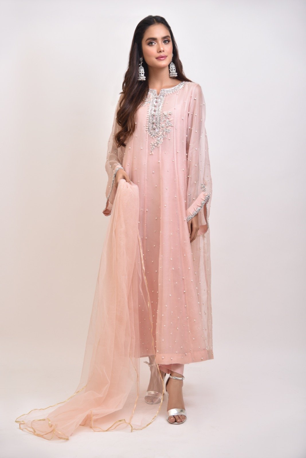 Pakistani Tea Pink Silver Handworked Pure Organza Salwar Kameez (3-Piece) - Image 1