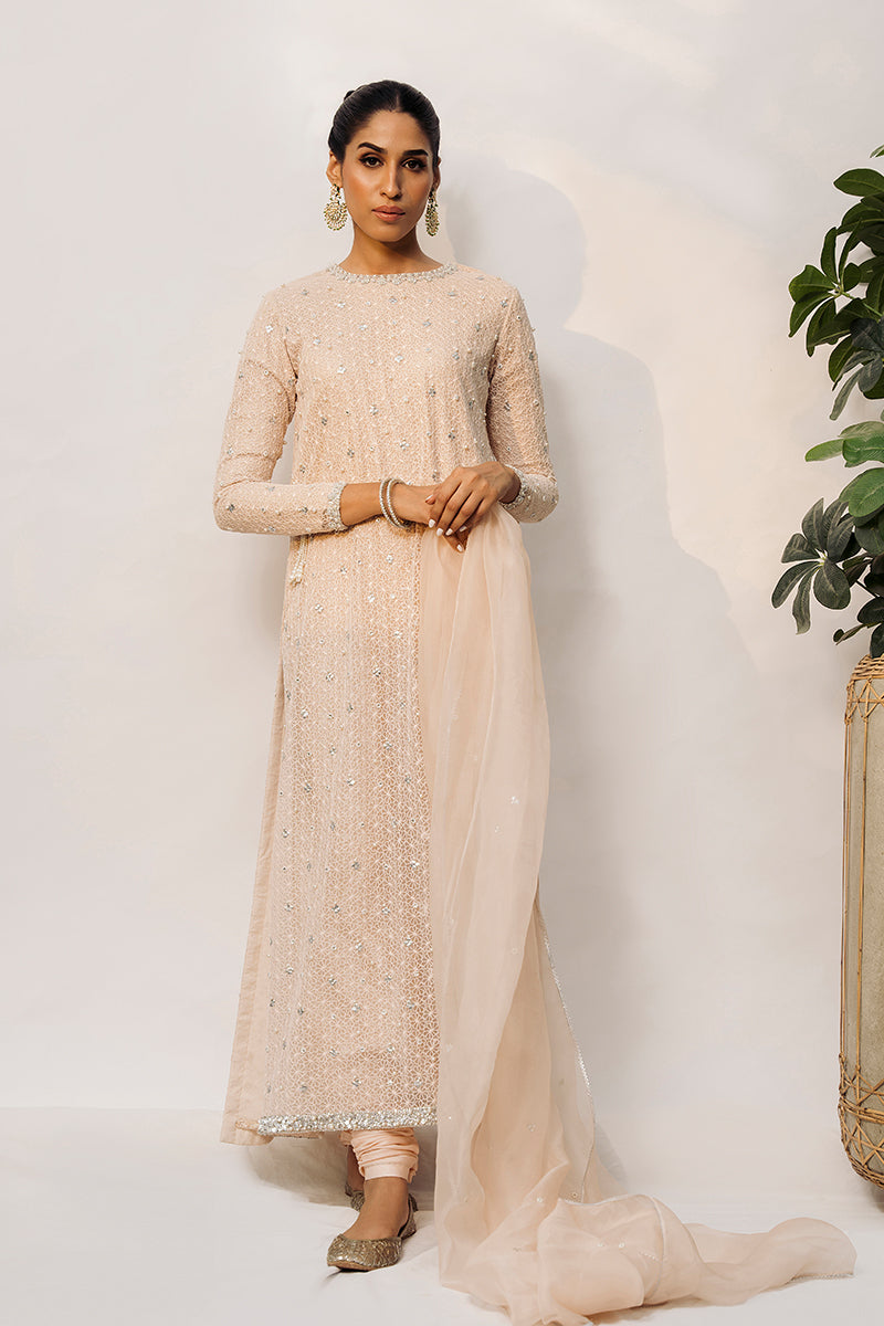 Peachy Pink Embroidered Organza Salwar Kameez (3-Piece) - Image 1