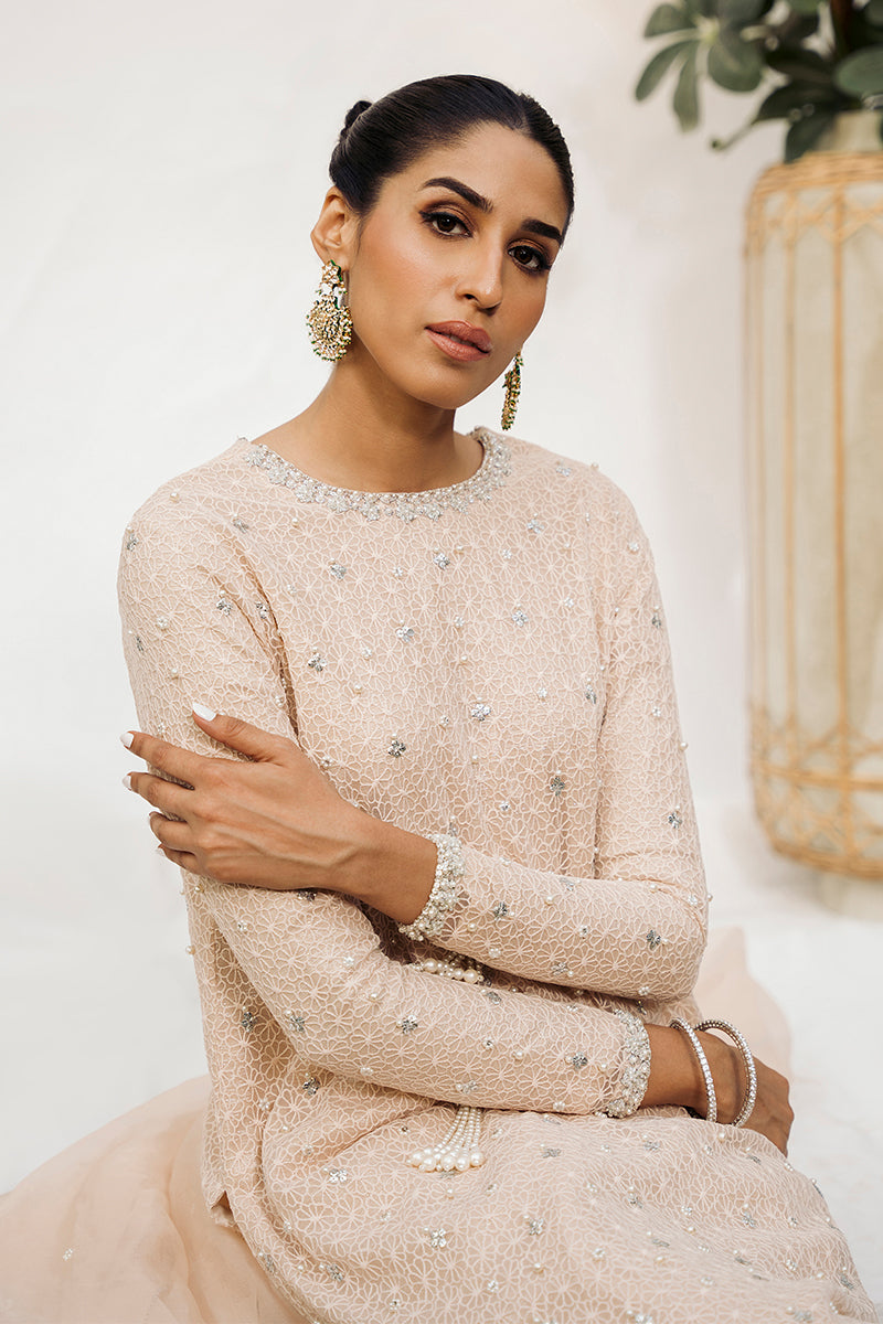 Peachy Pink Embroidered Organza Salwar Kameez (3-Piece) - Image 4