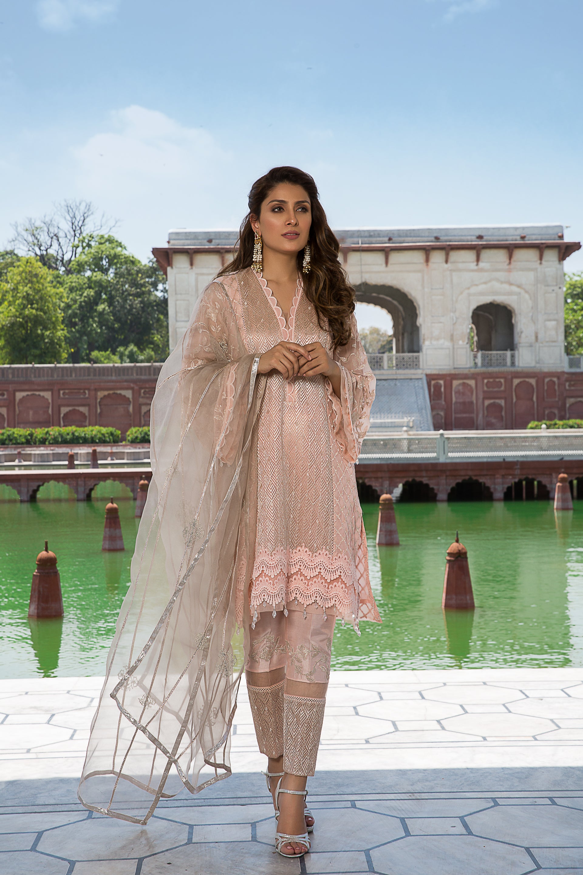 Pure Pink Embroidered Organza & Raw Silk Suit (3-Piece) - Image 1